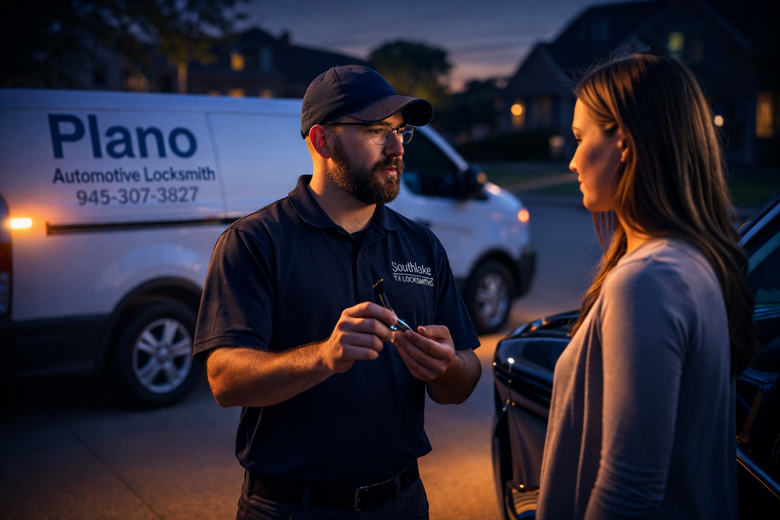 Plano automotive locksmith technician helping customer with car key programming at dusk in Texas suburb